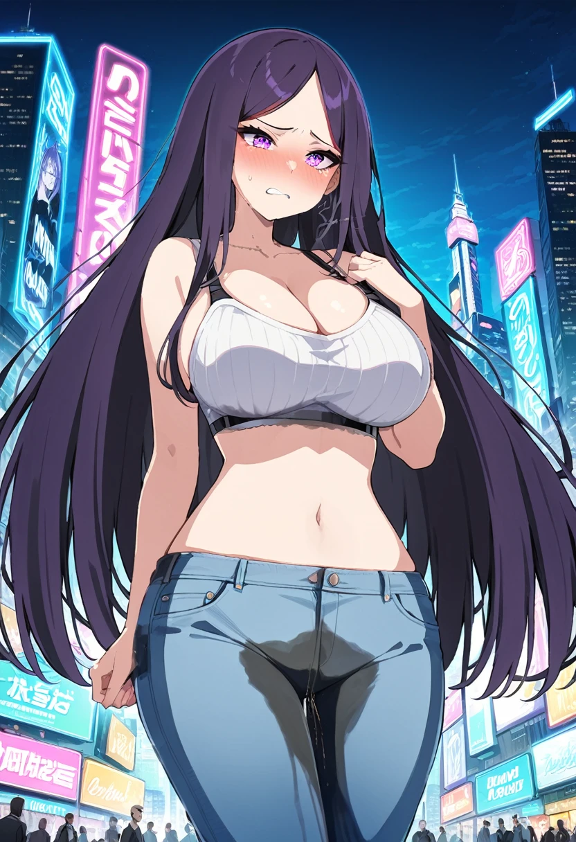 (masterpiece:1.37), best quality, (extremely detailed:1.37), woman, (mature:1.5), (adult:1.5), large breasts, very long hair, (straight hair:1.5), dark purple hair, purple eyes, (extremely detailed eyes:1.37), crop top, cleavage, navel, jeans, desperation, (wetting self:1.5), standing, embarrassed, humiliation, blushing, angry, city, futuristic, neon lighting, high-tech, street