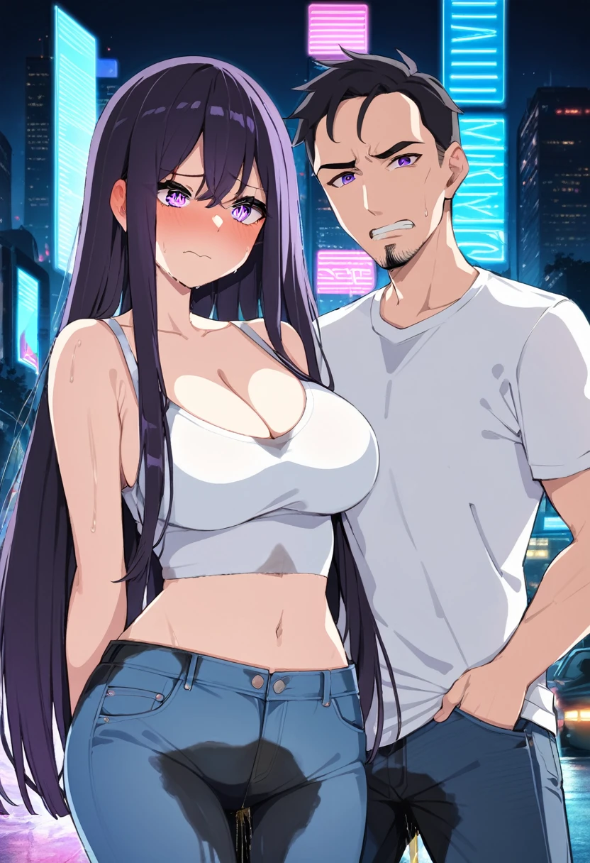 (masterpiece:1.37), best quality, (extremely detailed:1.37), woman, (mature:1.5), (adult:1.5), large breasts, very long hair, (straight hair:1.5), dark purple hair, purple eyes, (extremely detailed eyes:1.37), crop top, cleavage, navel, jeans, desperation, (wetting self:1.5), standing, embarrassed, humiliation, blushing, angry, city, futuristic, neon lighting, high-tech, street