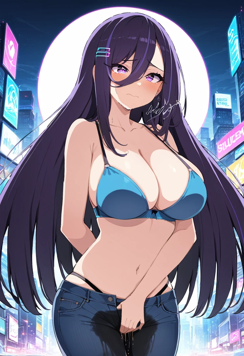 (masterpiece:1.37), best quality, (extremely detailed:1.37), woman, (mature:1.5), (adult:1.5), large breasts, very long hair, (straight hair:1.5), dark purple hair, purple eyes, (extremely detailed eyes:1.37), crop top, cleavage, navel, jeans, desperation, (wetting self:1.5), standing, embarrassed, humiliation, blushing, angry, city, futuristic, neon lighting, high-tech, street