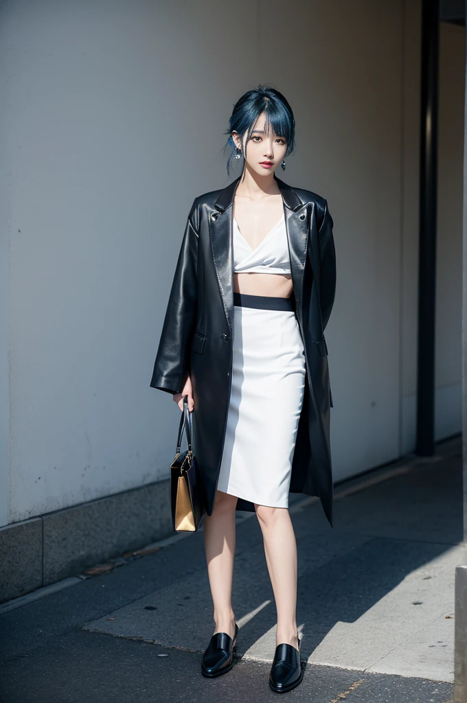 Japanese male, 170cm tall、Blue Hair、Skinny and slim body type、Asymmetrical white blouse,Black asymmetrical skirt, oversized black blazer,Simple gold earrings,Black leather loafers,A simple black tote bag、Standing in the city、Mode fashion、Confident and mysterious、It seems a little scary、Shadows can be cast