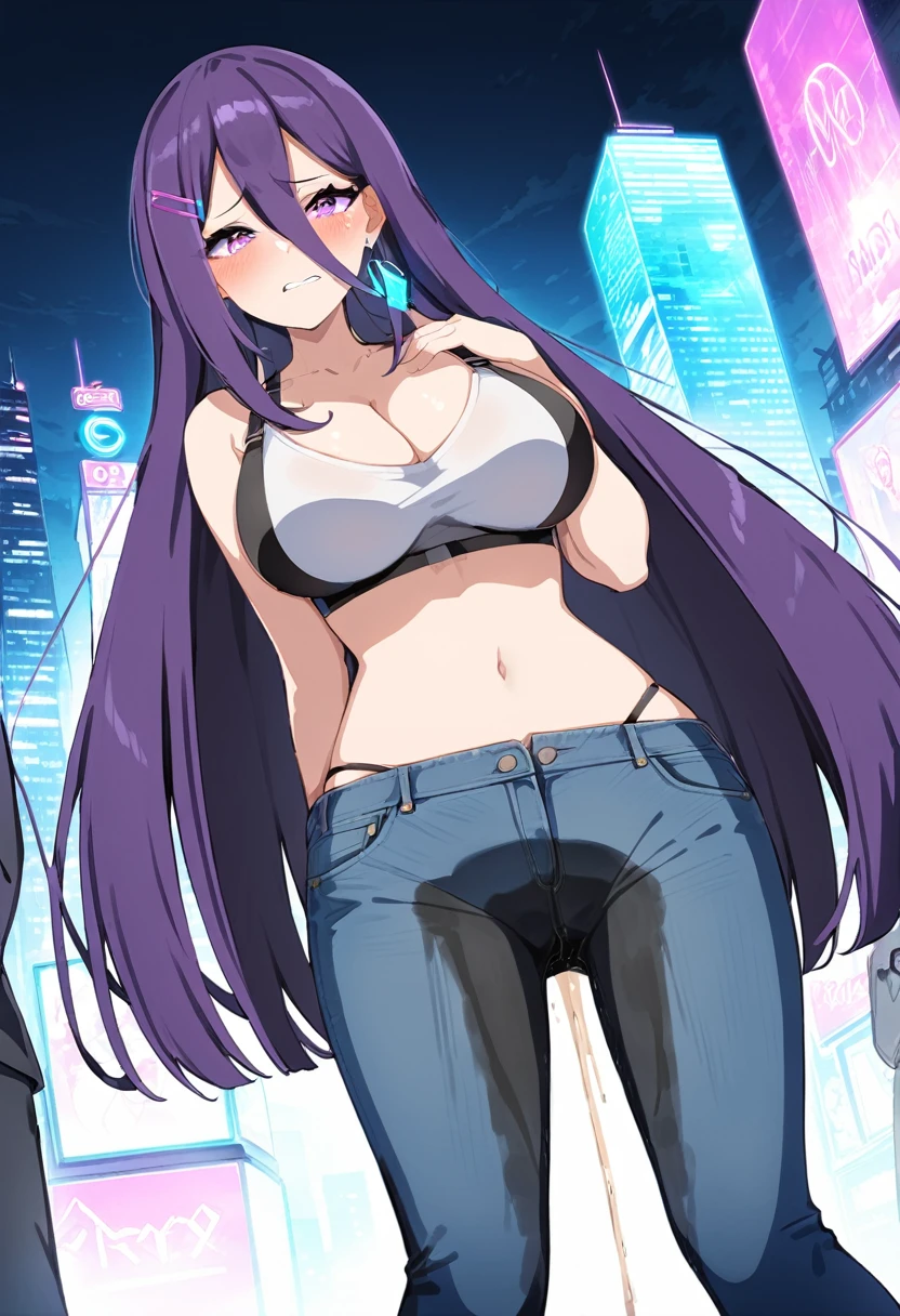 (masterpiece:1.37), best quality, (extremely detailed:1.37), woman, (mature:1.5), (adult:1.5), large breasts, very long hair, (straight hair:1.5), dark purple hair, purple eyes, (extremely detailed eyes:1.37), crop top, cleavage, navel, jeans, desperation, (wetting self:1.5), standing, embarrassed, humiliation, blushing, angry, city, futuristic, neon lighting, high-tech, street