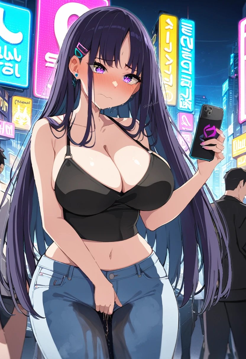 (masterpiece:1.37), best quality, (extremely detailed:1.37), woman, (mature:1.5), (adult:1.5), large breasts, very long hair, (straight hair:1.5), dark purple hair, purple eyes, (extremely detailed eyes:1.37), crop top, cleavage, navel, jeans, desperation, (wetting self:1.5), standing, embarrassed, humiliation, blushing, angry, city, futuristic, neon lighting, high-tech, street