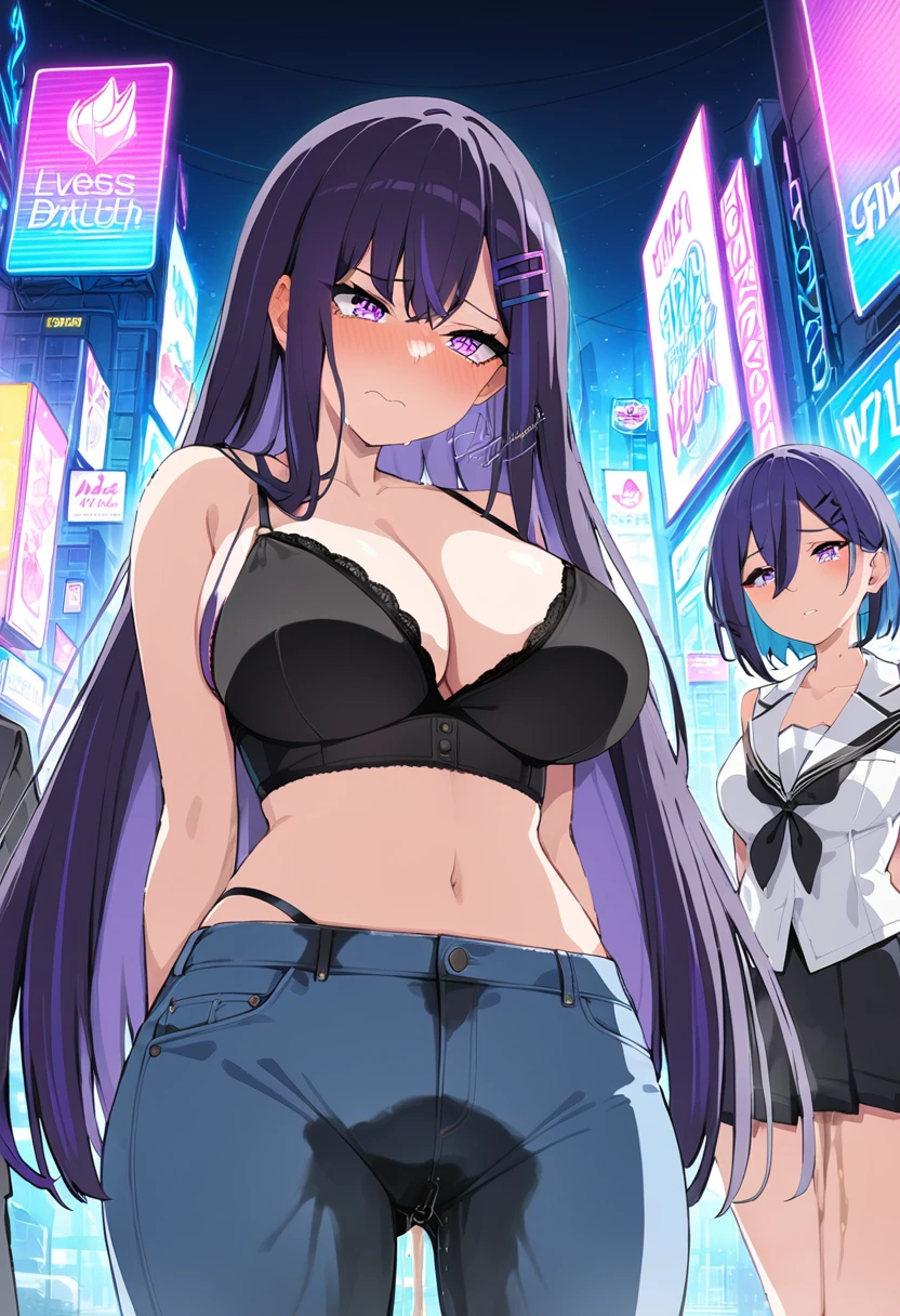 (masterpiece:1.37), best quality, (extremely detailed:1.37), woman, (mature:1.5), (adult:1.5), large breasts, very long hair, (straight hair:1.5), dark purple hair, purple eyes, (extremely detailed eyes:1.37), crop top, cleavage, navel, jeans, desperation, (wetting self:1.5), standing, embarrassed, humiliation, blushing, angry, city, futuristic, neon lighting, high-tech, street