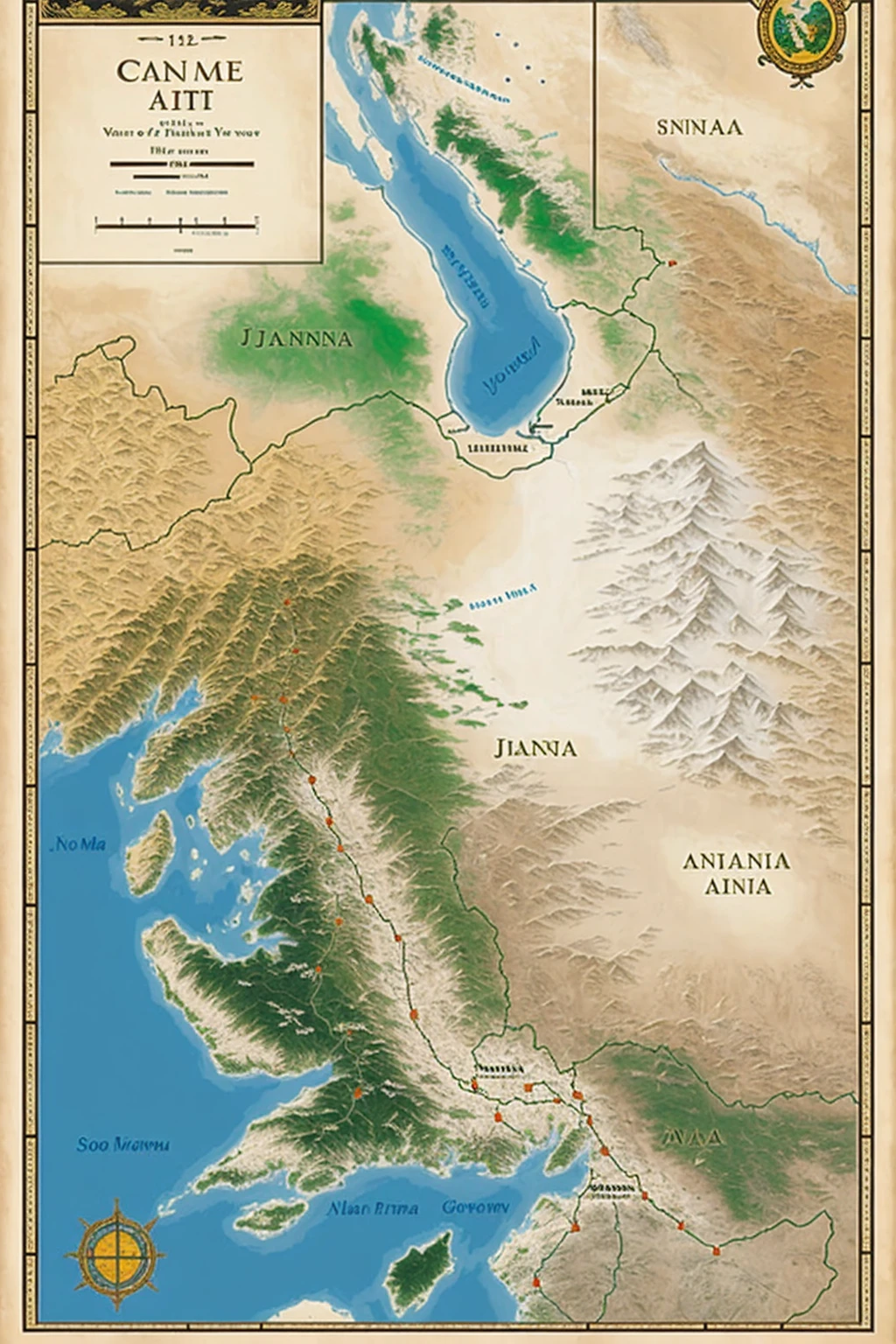 "prompt": "A fantasy map of the Dragon Country, featuring diverse landscapes and regions. The northern part of the country has steep, snow-covered mountains with a prominent mountain called Sheng Long, which hosts an ancient temple. Nearby is the important city of Sheng Long. The eastern region is covered by the dense and lush Jianmu Forest, home to various tribes and the significant city of Jianmu. The central area consists of vast plains with a major river running through it, hosting the capital city with a dragon statue in its center. The southern part is a harsh desert, dotted with small villages near water wells and oases, with the key city named Desertia. The map should include symbols for mountains, forests, plains, rivers, and deserts, as well as clearly marked cities."