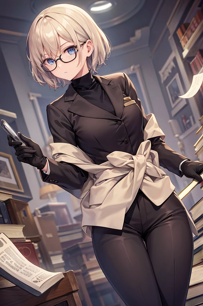books lying around, cream hair, tall, square glasses, black turtleneck, a beige two-button blazer, dark navy-blue pants, and a pair black gloves, looking at viewer, slightly short hair, female, slim, stern expression, short sword with a metal handle wrapped in leather bindings on her waist, standing, holding a cup of tea