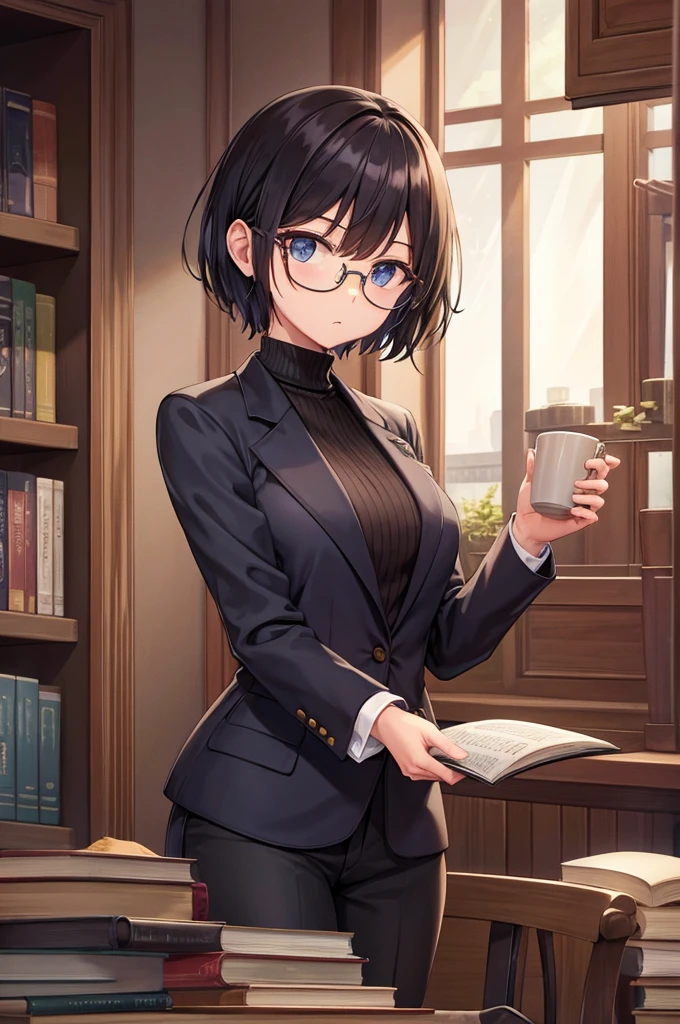 books lying around, cream hair, tall, square glasses, black turtleneck, a beige two-button blazer, dark navy-blue pants, and a pair black gloves, looking at viewer, slightly short hair, female, slim, stern expression, short sword with a metal handle wrapped in leather bindings on her waist, standing, holding a cup of tea