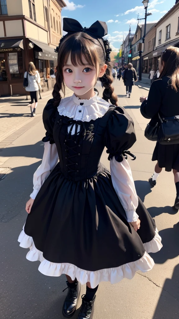 1girl, 12 years old, Famous idol, 1cute girl, very young face, masterpiece, high quality, small face, （very small tits:1.8）Gothic lolita fashion style, dramatic angle:1.4, Stroll around town,half smile:0.5, 