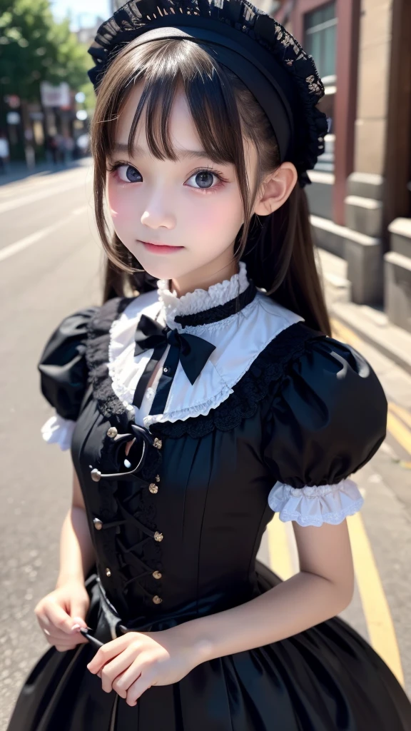 1girl, 12 years old, Famous idol, 1cute girl, very young face, masterpiece, high quality, small face, （very small tits:1.8）Gothic lolita fashion style, dramatic angle:1.4, Stroll around town,half smile:0.5, 