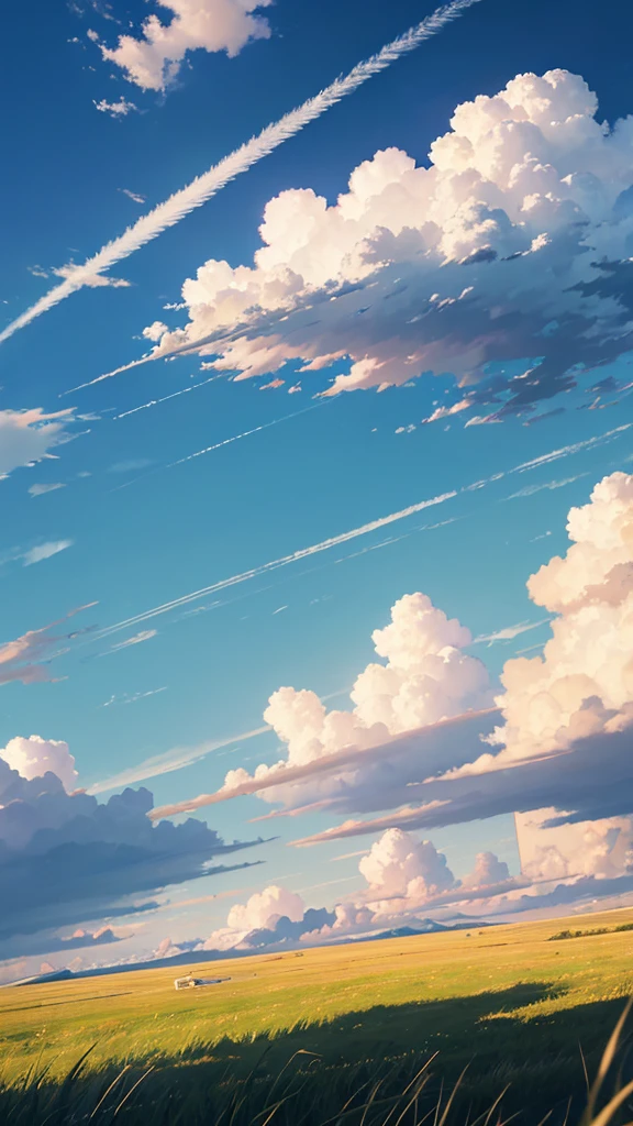 grass field、blue open sky、White cumulonimbus clouds、contrail、glowing sun、Steppe grass swaying in the wind、Photoquality、Live action、Realisticity、Transparency、Realistic depiction、The 8k quality、nffsw、Digital SLR、hightquality、film grains、FujifilmXT3