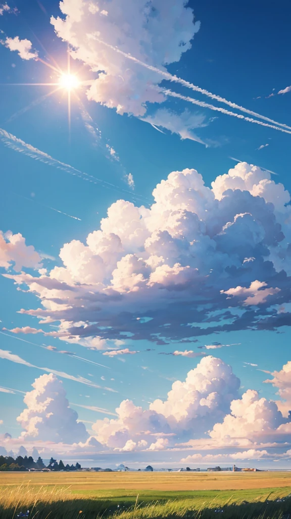 grass field、blue open sky、White cumulonimbus clouds、contrail、glowing sun、Steppe grass swaying in the wind、Photoquality、Live action、Realisticity、Transparency、Realistic depiction、The 8k quality、nffsw、Digital SLR、hightquality、film grains、FujifilmXT3