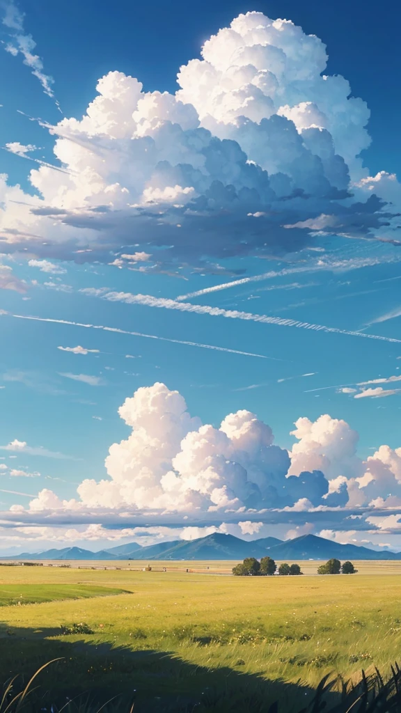 grass field、blue open sky、White cumulonimbus clouds、contrail、glowing sun、Steppe grass swaying in the wind、Photoquality、Live action、Realisticity、Transparency、Realistic depiction、The 8k quality、nffsw、Digital SLR、hightquality、film grains、FujifilmXT3