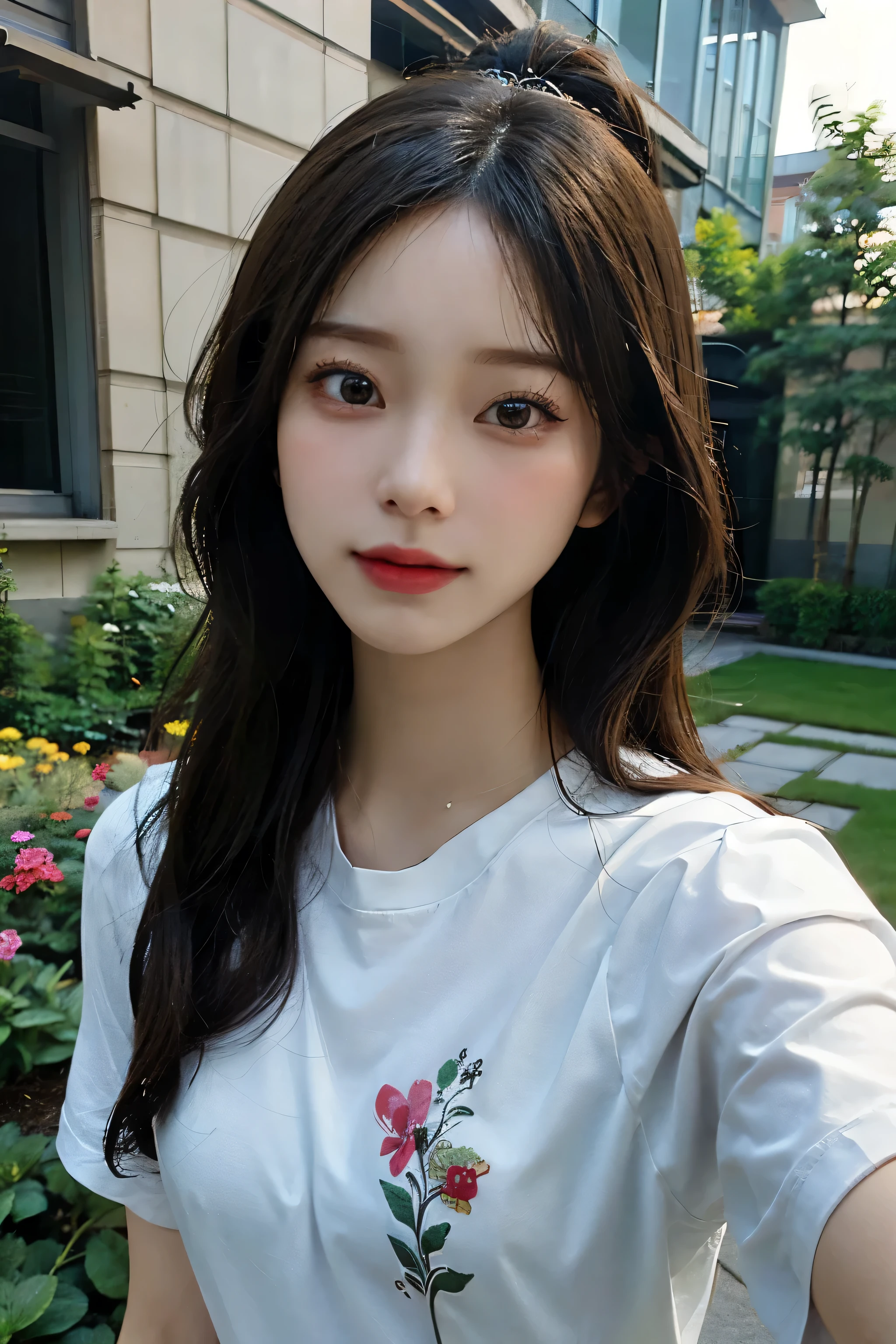 ((best quality)), ((masterpiece)), (detailed), perfect face. Asian girl. Blank t-shirt. Selfie. Garden.