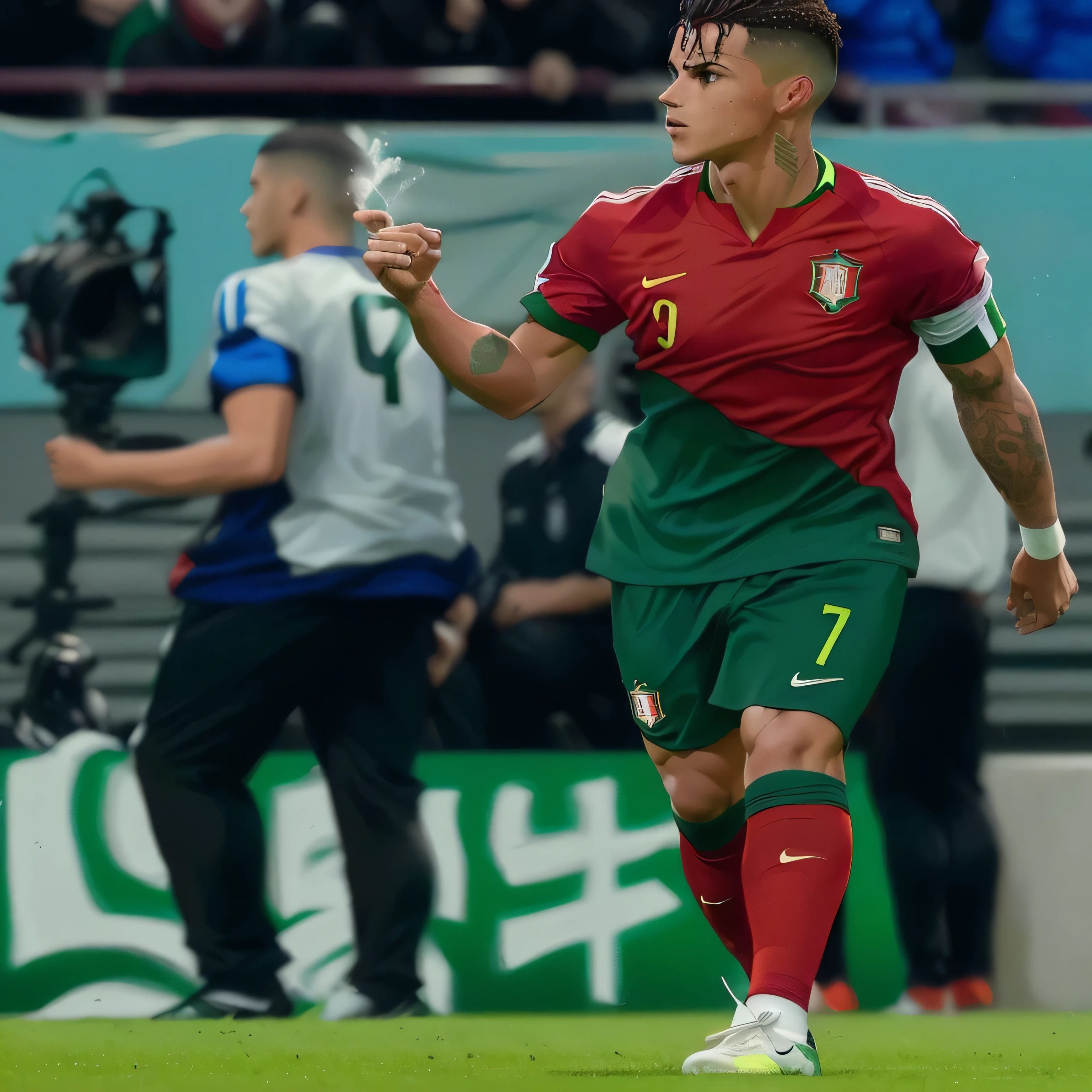 araffe soccer player in a green and red uniform on a field, Portugal, Cristiano Ronaldo, Thiago Alcantara, soccer player Cristiano Ronaldo, center of image, david kostic, Ronaldo Nazario, Neymar, 🚿🗝📝, brazilian ronaldo, spain rodriguez, in style of kyrill kotashev, have &#39;retro&#39; jan