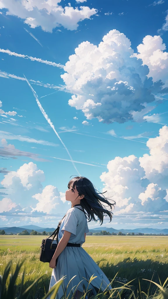 grass field、blue open sky、White cumulonimbus clouds、contrail、glowing sun、Steppe grass swaying in the wind、Photoquality、Live action、Realisticity、Transparency、Realistic depiction、The 8k quality、nffsw、Digital SLR、hightquality、film grains、FujifilmXT3