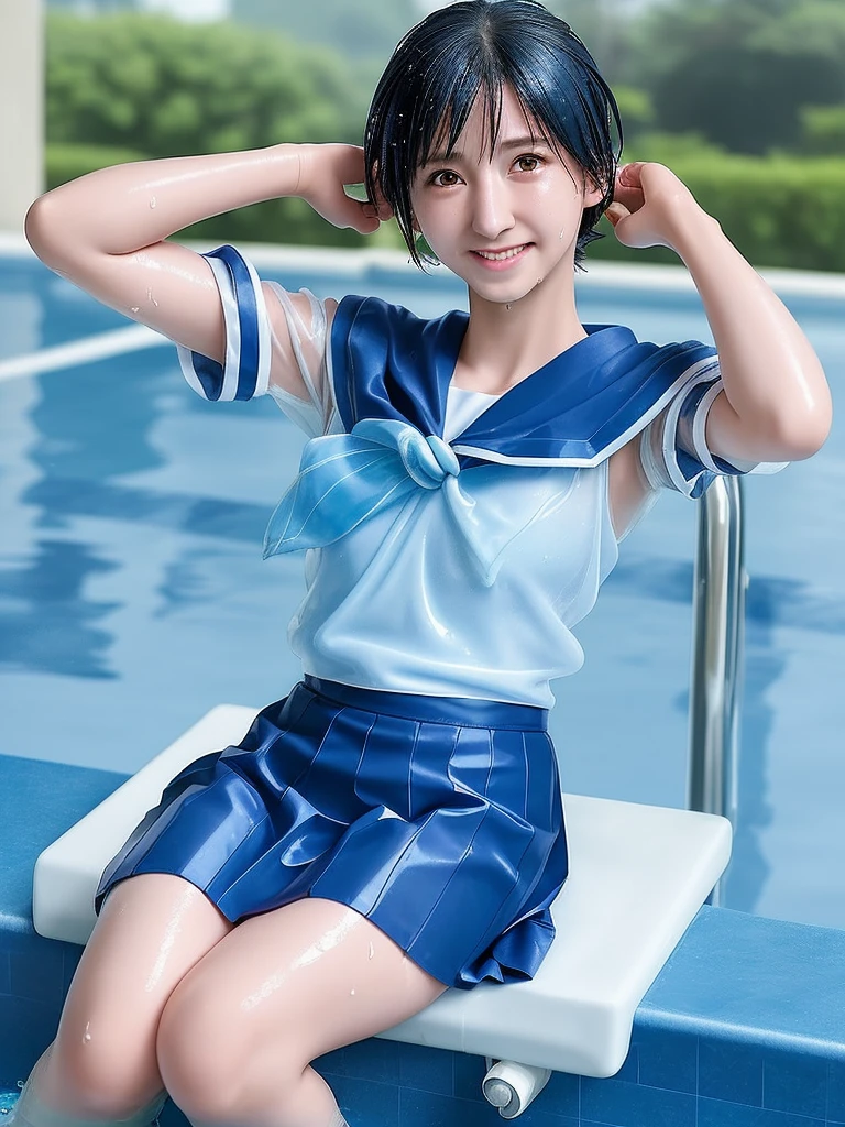 8k, Japanese, middle school girl, solo, age 14 Sailor Mercury, A wet and transparent cosplay, wet blue skirt, Wet blue short hair, Wet arms,Wet legs,Wet Face, pose, Highest quality, wet poolside, smile
