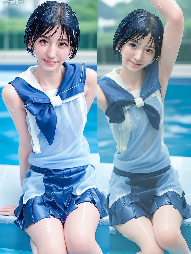 Japanese、middle School girls、14 years old、Sailor Mercury、Cosplay、short hair、Light blue hair、smile、pose、Pool、Swimwear、Clothes that become wet and reveal your body
