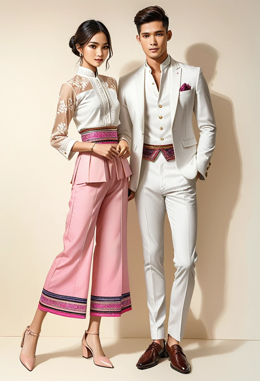 candid fashion illustration of two young man and women, 20-27 year old, adorned in a meticulously crafted North Thai traditional outfits, Lampang, ((showcase fashion Lanna style in cotton handwoven)), simple elegant style, The man wears a simple long-sleeved white mandarin collar suit, paired with Tailor pants, and oxford shoes, The woman complements him with mini tubular skirt made from a cotton ankle-length, simple minimal pink patterns details, fitted intricately decorated waist-length blouse that complements the skirt, stand still, look at the viewer, Captured in full-body image, ((imperfect water color background)), sketching, realistic drawing, imperfect water color drawing, fashion look book, fashion illustrator, sketch design,