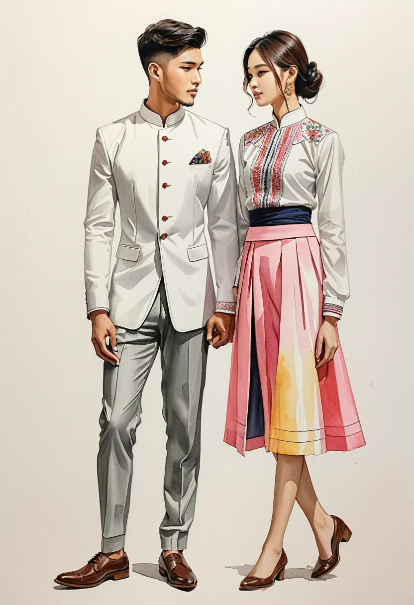 candid fashion illustration of two young man and women, 20-27 year old, adorned in a meticulously crafted North Thai traditional outfits, Lampang, ((showcase fashion Lanna style in cotton handwoven)), simple elegant style, The man wears a simple long-sleeved white mandarin collar suit, paired with Tailor pants, and oxford shoes, The woman complements him with mini tubular skirt made from a cotton ankle-length, simple minimal pink patterns details, fitted intricately decorated waist-length blouse that complements the skirt, stand still, look at the viewer, Captured in full-body image, ((imperfect water color background)), sketching, realistic drawing, imperfect water color drawing, fashion look book, fashion illustrator, sketch design,