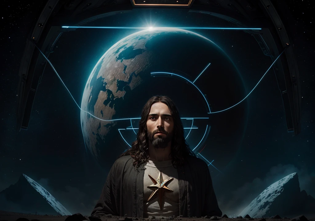 Jesus scene abducted by aliens and full of symbols in the background of the image