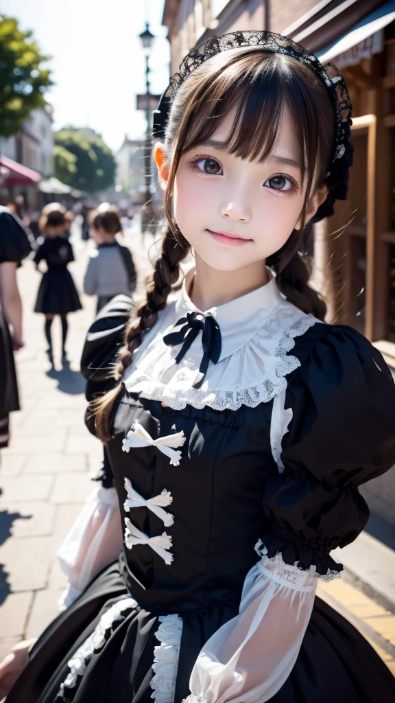 1girl, 12 years old, Famous idol, 1cute girl, very young face, masterpiece, high quality, small face, （very small tits:1.8）Gothic lolita fashion style, dramatic angle:1.4, Stroll around town,half smile:0.5, 