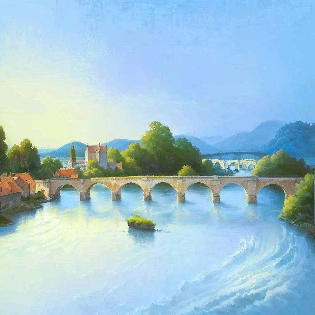 painting of a bridge over a river with a boat in the water, illustration matte painting, landscape wallpaper, scenery artwork, high quality wallpaper, medieval French landscape, anime countryside landscape, flat matte painting, beautiful wallpaper, anime landscape wallpaper, bridge over the water, amazing wallpaper, high quality desktop wallpaper, background artwork, detailed scenery —width 672