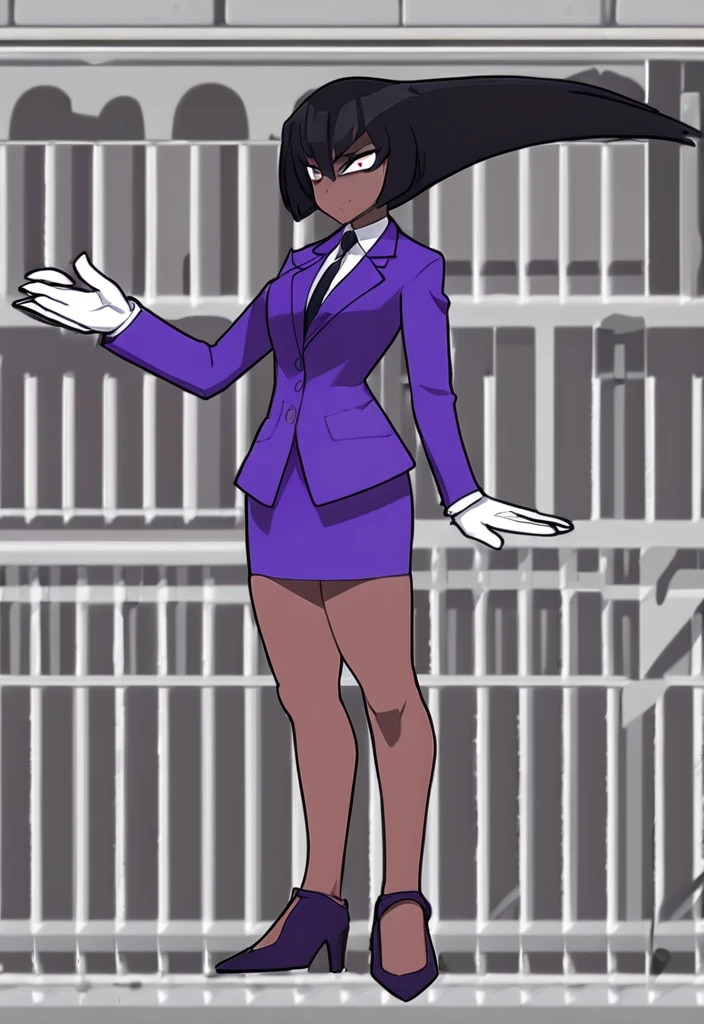 Make a evil military black anime woman in a purple skirt suit witha tie on full body