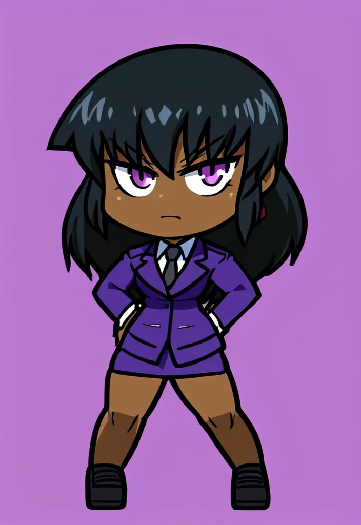 Make a evil military black anime woman in a purple skirt suit witha tie on full body