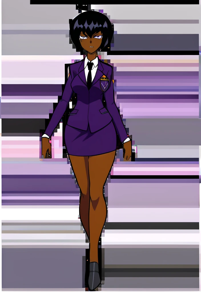 Make a evil military black anime woman in a purple skirt suit witha tie on full body 