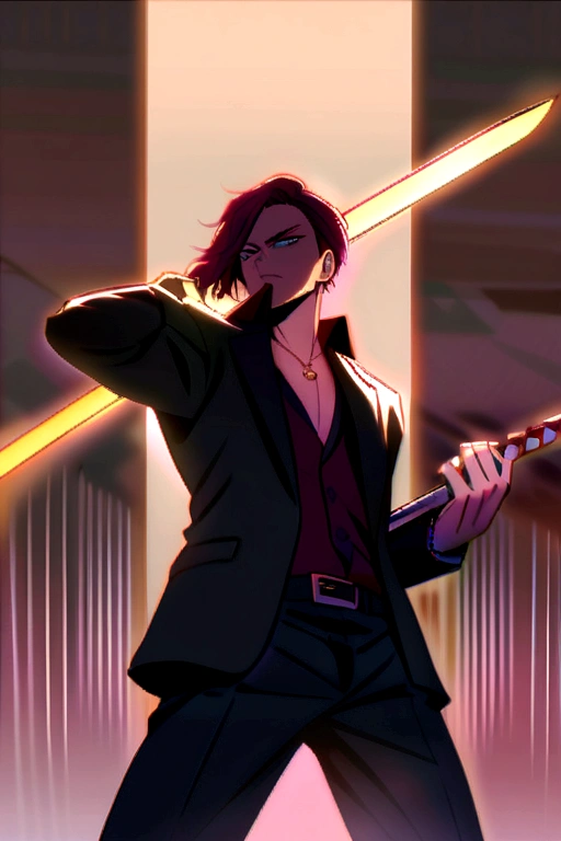 Maroon hair, male, gangster, sword, robotic eye, 2 swords