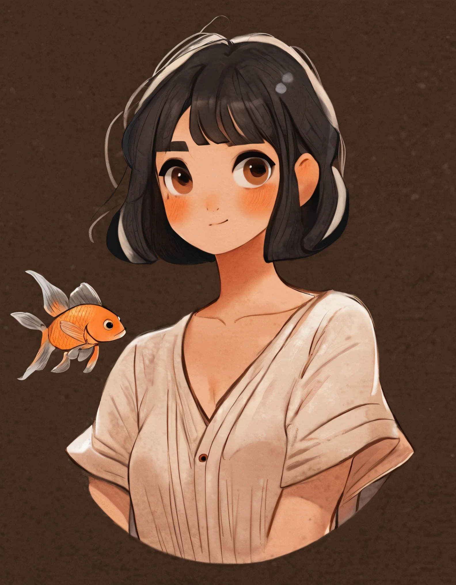 nelli_artstyle, 1girl, fish, solo, shirt, brown eyes, white shirt, short sleeves, short hair, black hair, bangs, upper body, looking at viewer, blush