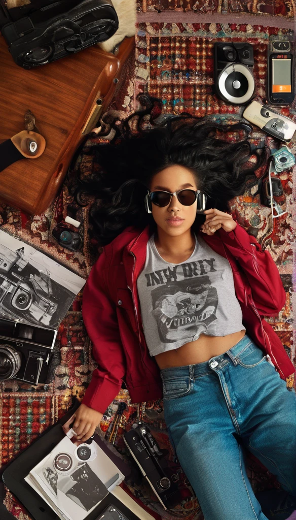 A captivating flat lay photograph of a young, fashionable woman lying on her back, surrounded by a collection of daily items. Her long, curly black hair cascades around her face, and she wears a red jacket with a silver "I <3 NY" t-shirt underneath. She dons wireless headphones and sunglasses, holding a camera over her chest. A guitar, DAP player, smartphone, laprop, and vinyl record are dispersed around her, reflecting a blend of old and new. The background features vibrant teal and purple fabrics, creating a cozy, artistic atmosphere. The soft, natural lighting suggests an indoor setting illuminated by daylight., photo
