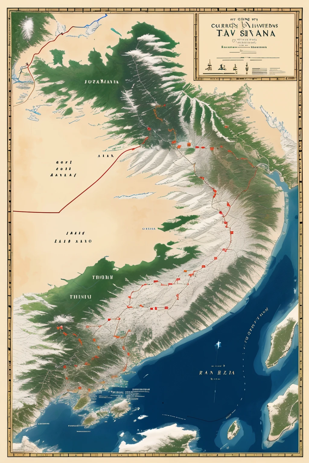 {
    "prompt": "A detailed map of the Dragon Kingdom, showcasing its diverse regions. In the north, depict steep snow-covered mountains with the ancient Sheng Long temple and the sleeping Elder dragon, surrounded by unique wildlife and flora. To the east, illustrate the dense Jianmu forest with towering trees, various plants, and tribal villages. In the center, show expansive plains with a grand river running through major cities and trade hubs, emphasizing agriculture and livestock. In the south, portray the harsh desert with small, distant villages, simple lives of the inhabitants, and scattered oases. Each region should reflect its distinct geography and cultural elements.",
    "size": "1792x1024"
}
