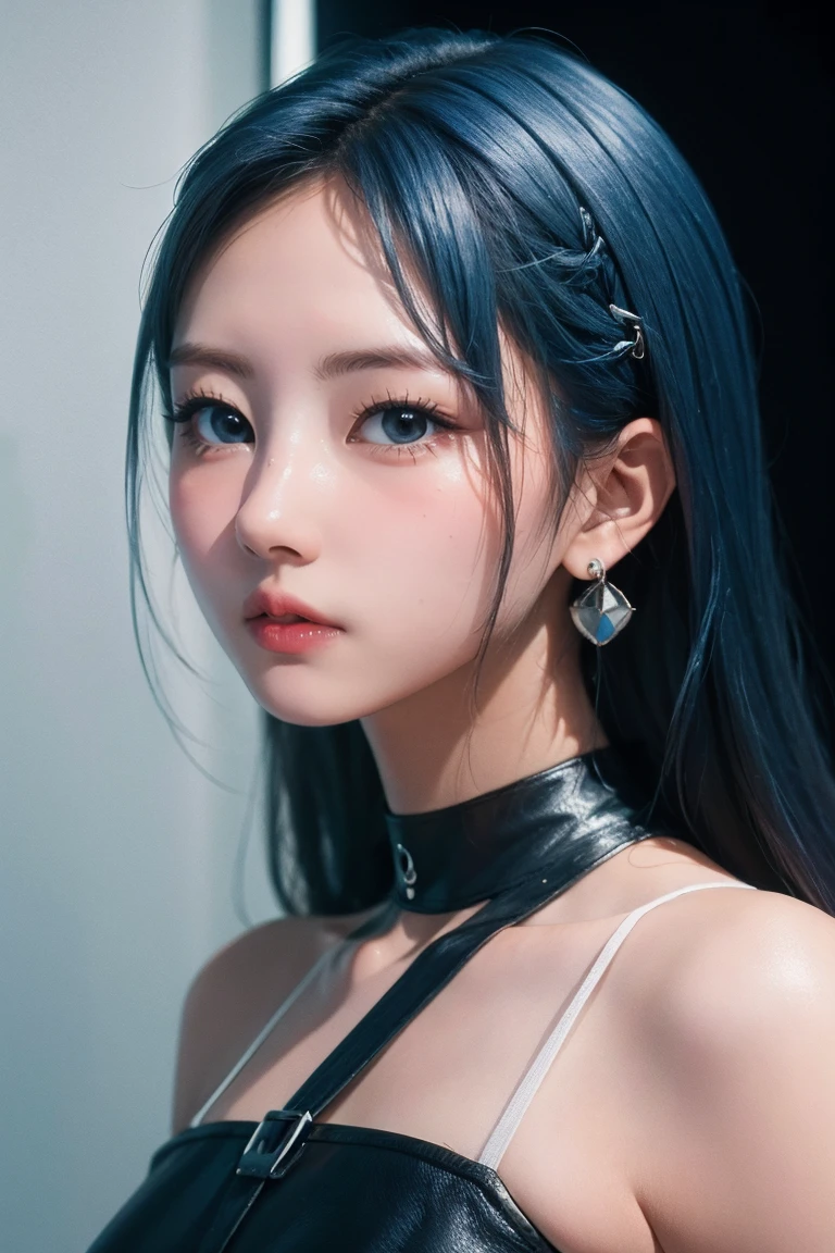 8k wallpaper, masterpiece, movie lighting, best quality, illustration, dramatic angle, ((color: 1.1)), ((color inner hair: 1.4)), 1girl, solo, long hair, water, blue eyes, black glasses, choker, parted lips, white choker, liquid hair, black hair, bangs, from side, side, upper body, simple background, gray background, bare shoulders, portrait, looking at the audience, white dress, hair between eyes, white background, earrings,