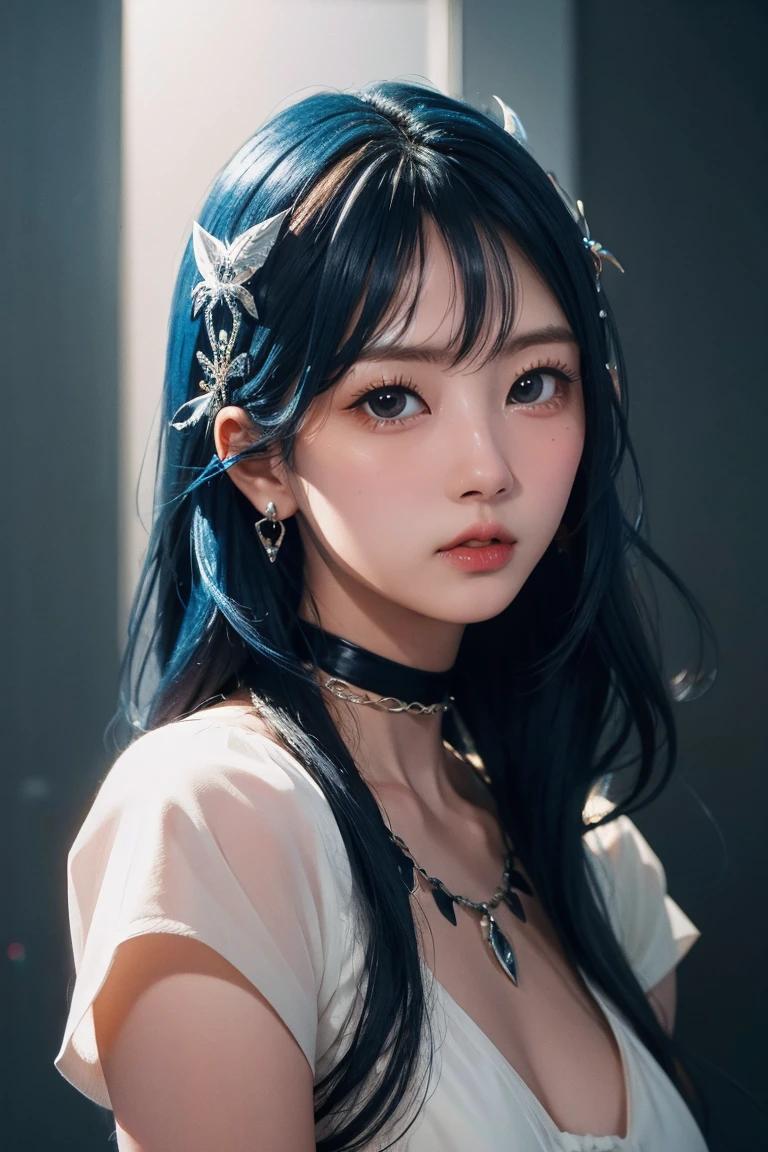 8k wallpaper, masterpiece, movie lighting, best quality, illustration, dramatic angle, ((color: 1.1)), ((color inner hair: 1.4)), 1girl, solo, long hair, water, blue eyes, black glasses, choker, parted lips, white choker, liquid hair, black hair, bangs, from side, side, upper body, simple background, gray background, bare shoulders, portrait, looking at the audience, white dress, hair between eyes, white background, earrings,