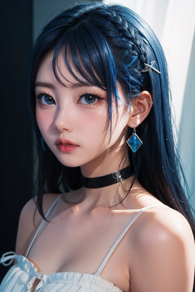 8k wallpaper, masterpiece, movie lighting, best quality, illustration, dramatic angle, ((color: 1.1)), ((color inner hair: 1.4)), 1girl, solo, long hair, water, blue eyes, black glasses, choker, parted lips, white choker, liquid hair, black hair, bangs, from side, side, upper body, simple background, gray background, bare shoulders, portrait, looking at the audience, white dress, hair between eyes, white background, earrings,