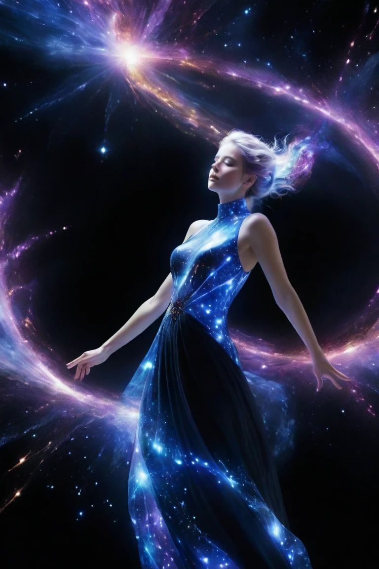 a beautiful astrologer in a starry cosmic void, dynamic cosmic energy beams and light particles, elegant occult ritual, gorgeous mystical costume, anatomically correct, photorealistic, 8k, dramatic lighting, vibrant colors, intricate details, cinematic composition