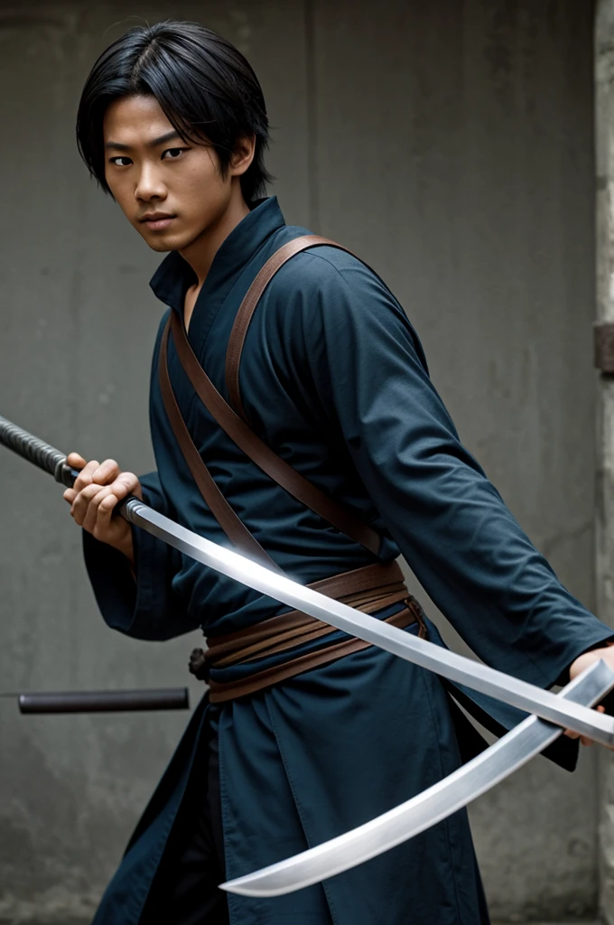 Young swordsman without an arm and with a katana without an eye too