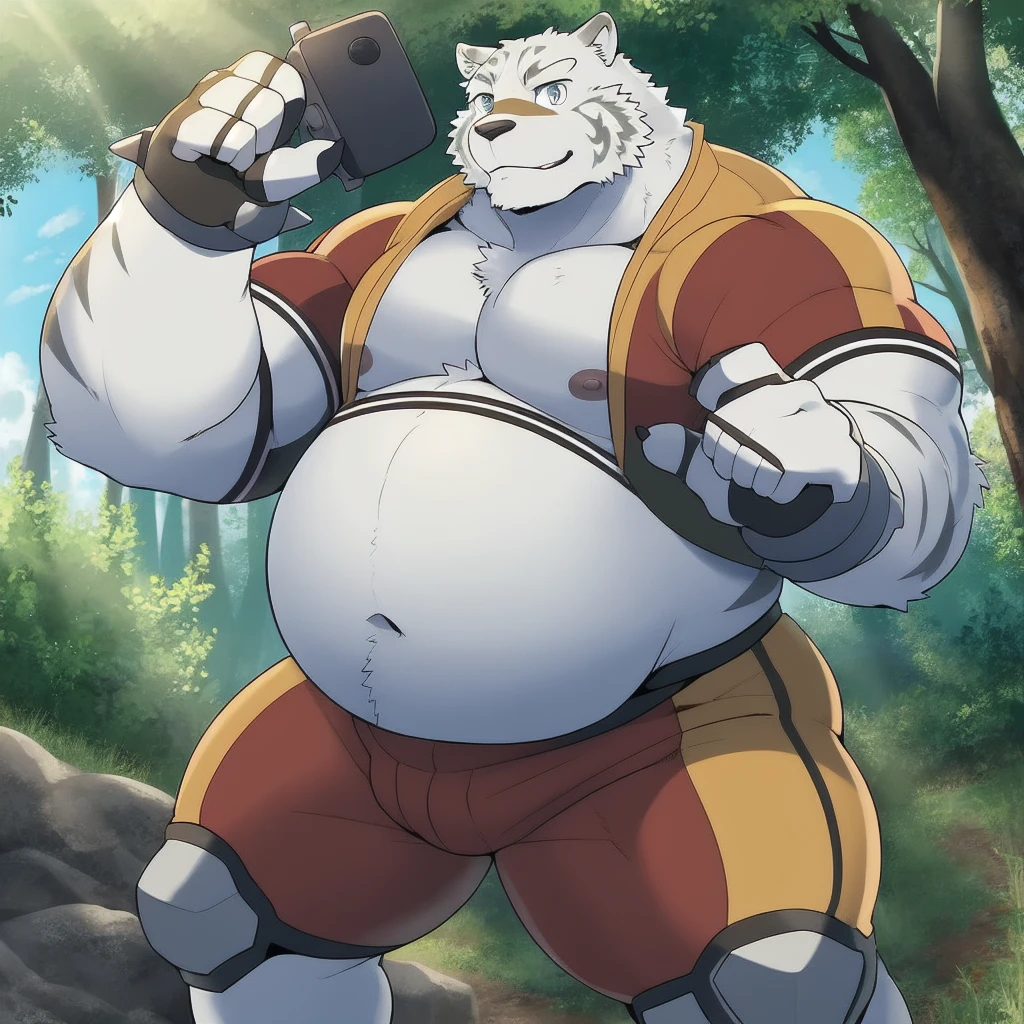 Animal kingdom Tank Hero Academia Shonen Anime style, full body image, Casual, neighborhood style, big obese teen, in sport clothes, He is a huge obese Sumo in huge obese weight gain process, detailed face, detailed eyes, detailed nose, defined face, big belly, high resolution settings, settings to fix face, high resolution settings, face fix settings, Whismical model, detailed eyes, detailed hands best quality,realistic lighting, male, anthro,muscular, muscular male, solo, bodily fluids, abs, pecs, muscular anthro, hi res, nipples, detailed background, forest, (yohei:1.2), (perfect eyes:1.2),white fur,  (ultra detailed paws)