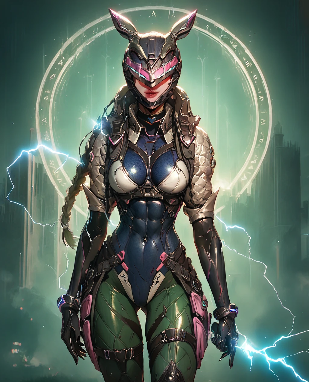 score_9, score_8_up, woman, athletic body, hourglass body,helmet, electricity,seductive pose, Standing, tactical gear, green hair, thigh straps, clothed, revealing clothes, seductive face, beautiful eyes, detailed eyes, city scape background, black cap, pink goggles on cap, green yoga pants, black nails, choker