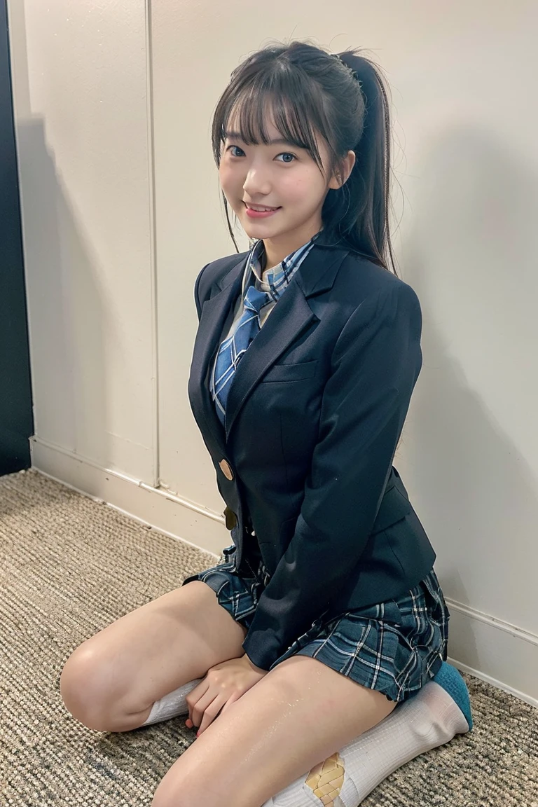 (8K), (highest quality: 1.2), (realistic), (realistic: 1.37), ultra high resolution, (1 girl、17 years old), cute, smile, closed mouth, beautiful details, beautiful nose, wet hair, giant dulcefo, pork, thighs，Self snap,High school Student Uniform,(A simple navy blue blazer),pleated skirt,(The skirt and tie are gray tartan check pattern....:1.3),(sitting:1), sit on the ground,(hug your feet:1),white pantyhose,from the front,knees、loafers、Low - Angle、From the front view、Checkered Pleated Skirt、Ponytail 1.2、Knee-high socks、barefoot、((Between the legs、Panties that fit the female genitals、White panties、膝を上げて、お尻を床に付けて座る))