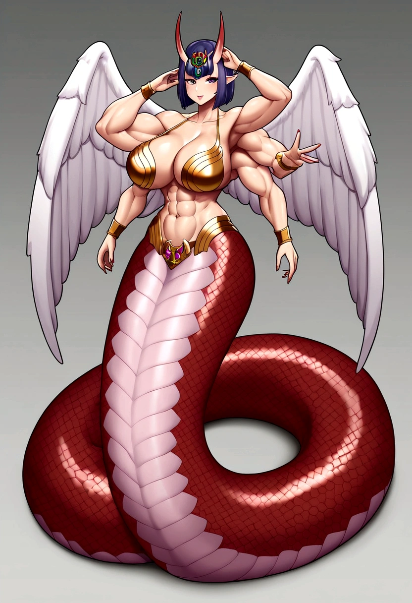 (masterpiece, best quality), best resolution, Shuten lamia, gigantic muscular body, gigantic pink lamia body with detailed fish scales, golden angel wings, fish fin ears, big breasts, 4 arms, full body.