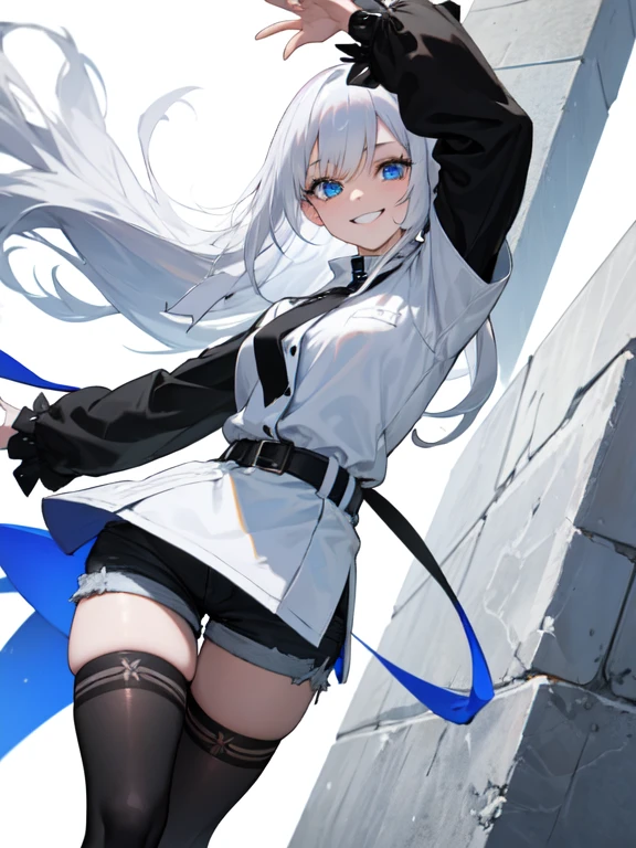 (Masterpiece, Best quality, ultra high resolution), 1 girl, Silver hair, Pale skin, Beautiful detailed face, Detailed eyes, posing on a, On a white background, Dynamic lighting, dynamic shadowing, looking at viewer, White stone punk fashion,(Posing for a photo),((White clothes)), (((black thigh highs))), jean shorts, skirt, white sweater, ((Blue eyes)), happy, smiling, black straps, black strap design, ((Long white hair)), energetic, cheerful, cityscape background, (((long black sleeves))), ((long black sleeves)), black sleeves