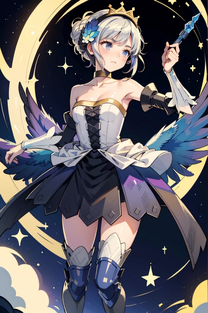 score_9, score_8_superior, score_7_superior, ( masterpiece, Highest quality, High resolution:1.3)
 Odin Sphere Gwendolyn, One girl, alone, Knee socks, dress, Bare shoulders, arms, Removable sleeves, wing, choker, armor, Strapless, bird, Crown, Extremely skilled, Strapless dress, gun, armored dress, multiple wing, multicolored wing in the darkness, Bright Star, atmosphere