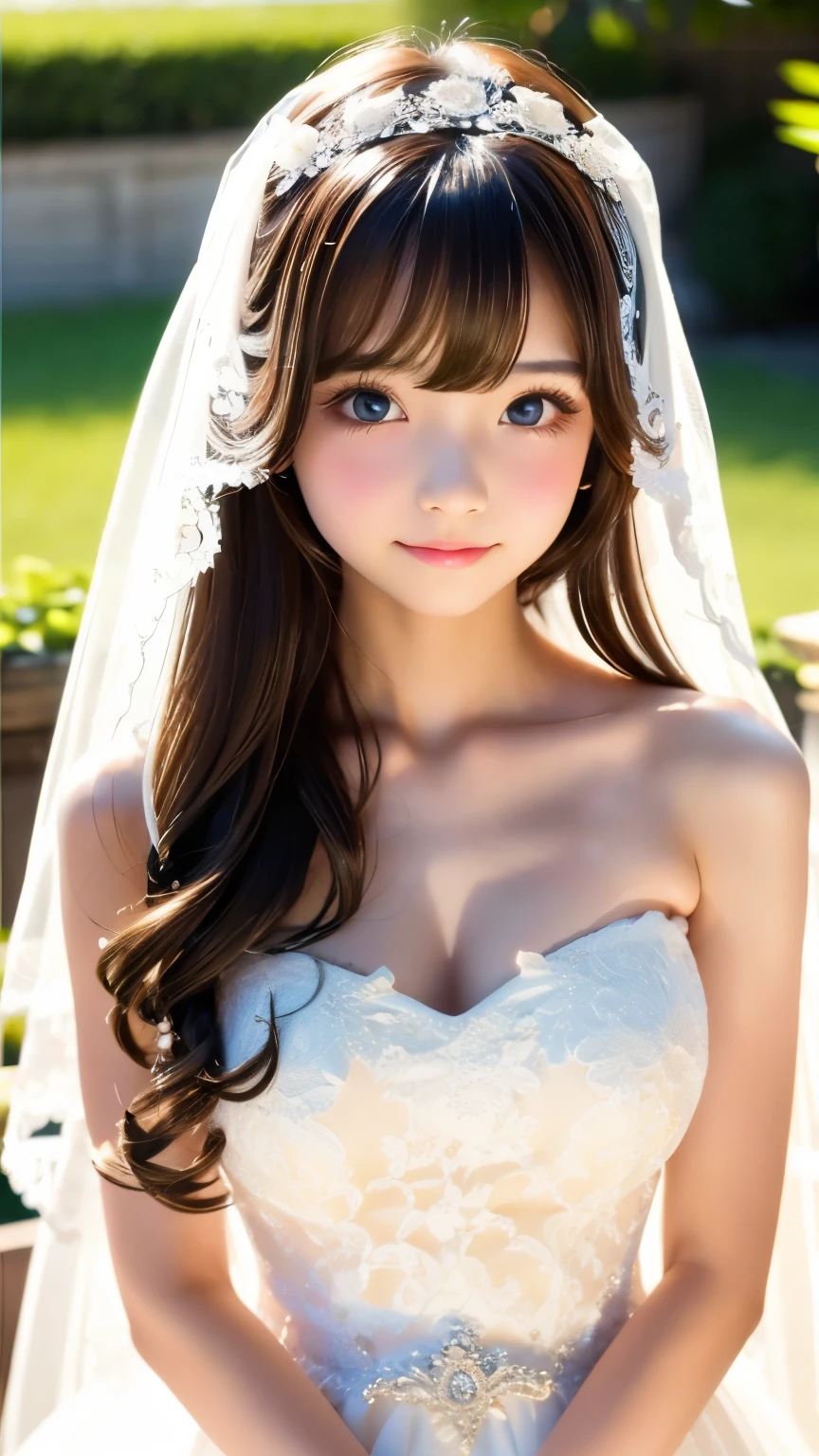 see through，Beautiful and fair、Radiant Skin, 3 Up, Gorgeous, bright, Refreshing and gentle expression, Perfect beautiful face、Beautiful shiny bangs, A very beautiful 17 year old girl, Eyeliner, Very perfect eyes，Very large breasts，Grooves reveal original skin，Muscular body，White Lace Strapless Wedding Dress，blonde