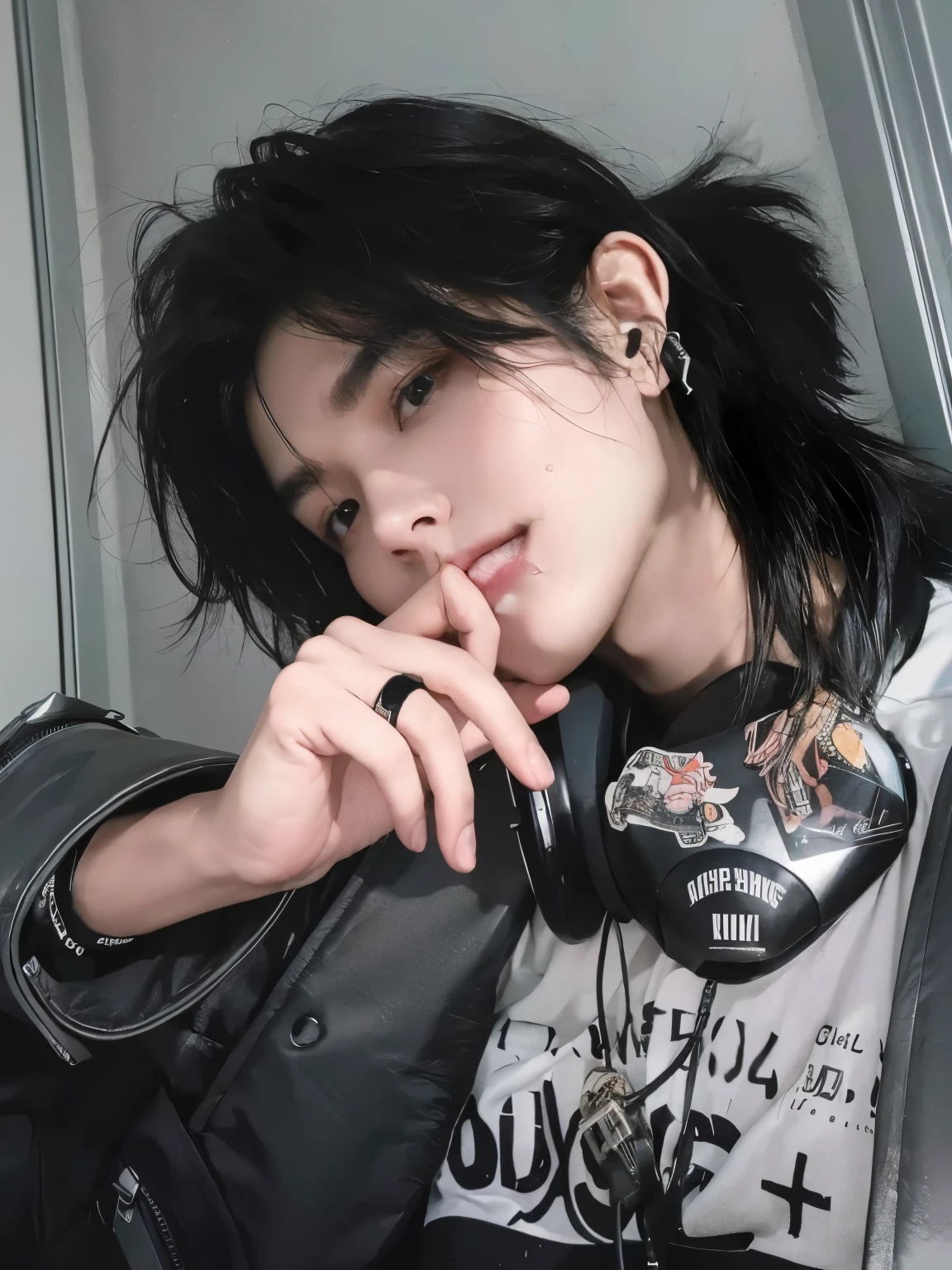 masterpiece，Best quality，Wearing headphones around his neck，A boy with black hair，Flowing hair，Bangs，，Exquisite facial features，22 years old，Chinese boy，