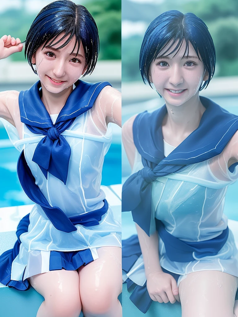 8k, Japanese,  girl, solo, age 14 Sailorry, A wet and transparent under cosplay, wet blue skirt, Wet blue short hair, Wet arms,Wet legs,Wet Face, pose, Highest quality, wet poolside, smile
