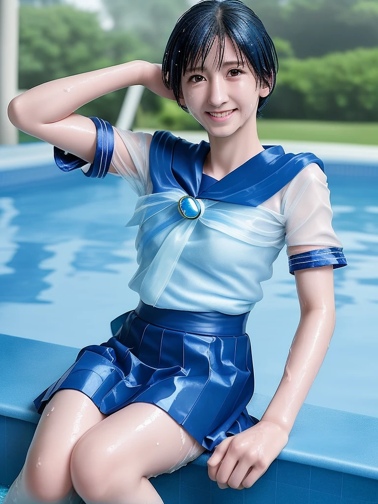 8k, Japanese, middle school girl, solo, age 14 Sailor Mercury, A wet and transparent under cosplay, wet blue skirt, Wet blue short hair, Wet arms,Wet legs,Wet Face, pose, Highest quality, wet poolside, smile
