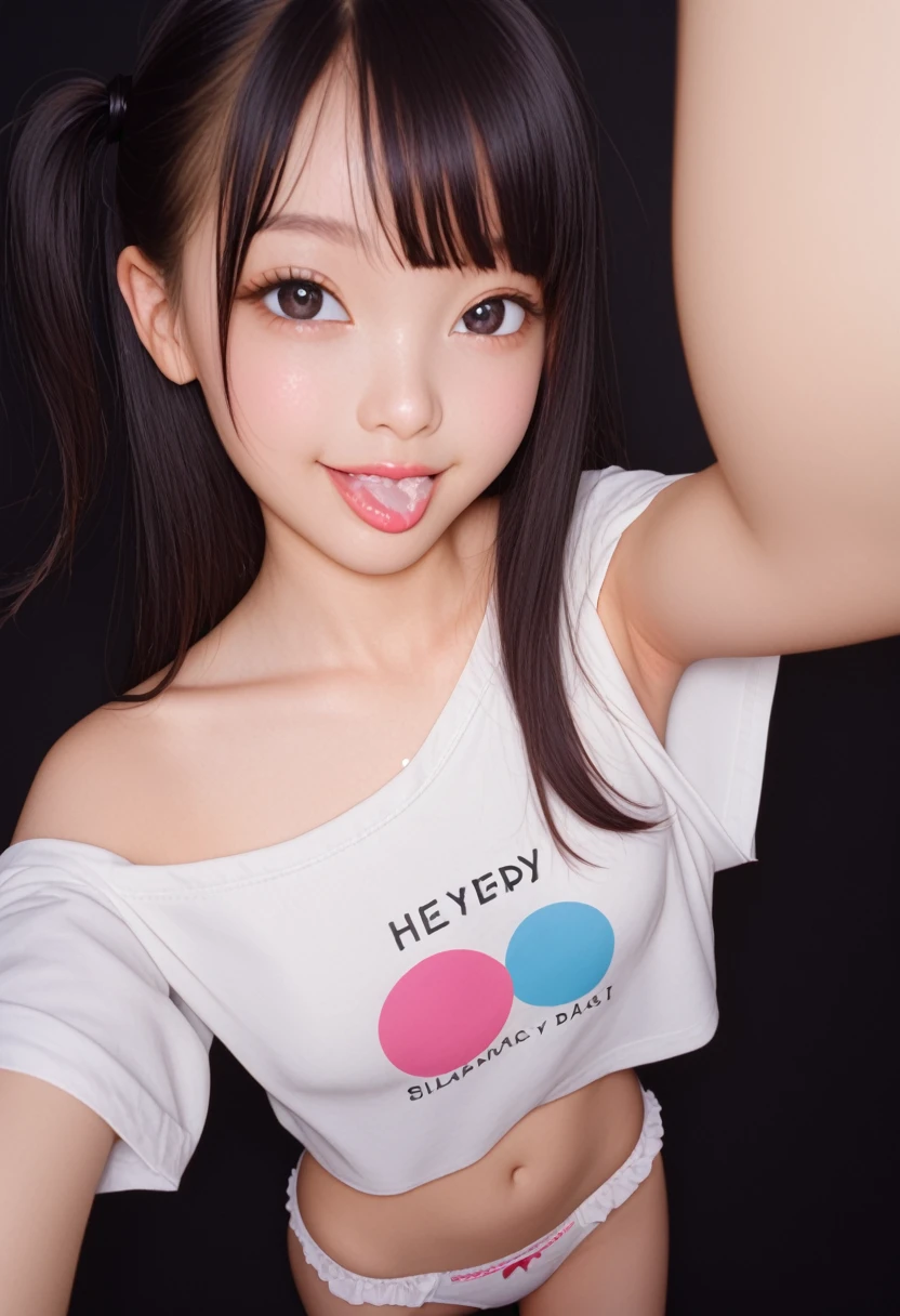 ollarbone,pastel colors t-shirt,off-shoulder look,bare shoulder,midriff peek,white frill panties,,open mouth,tongue out,cum on tongue,standing,Selfie,looking ahead,from above,flont view,cowboy shot,(1girl,Beautiful 14 year old girl),((Slender,Small breasts,Small face,)),looking at viewer,Black Hair,bangs,one side up,Beautiful and detailed,Mischievous smile,Dimly lit room,Simple Background,Black background,Low lighting