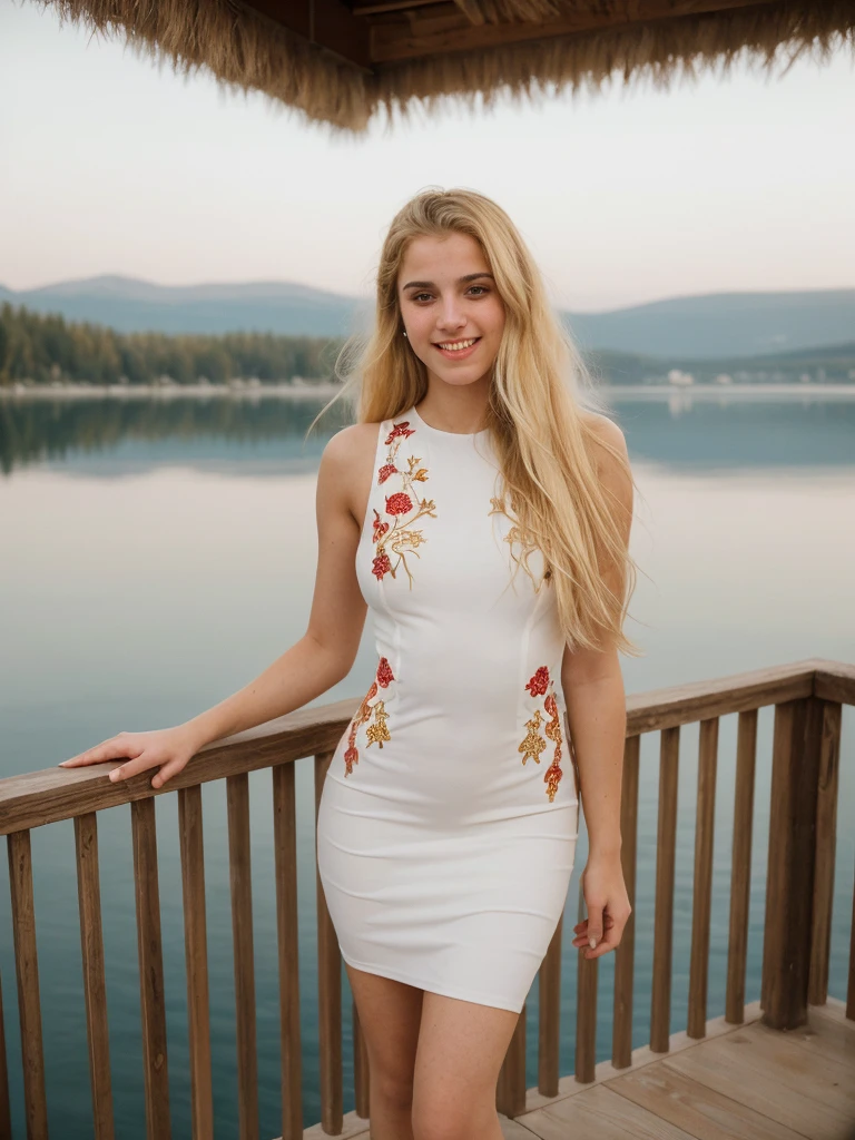 hannahhays, ugly:1.2, solo, (realistic, photorealistic, hyperrealistic, ((Greek woman, Greek features)), (((18 years old, 18 year-old woman, 18 year-old body))), (((medium long hair, blonde hair, blond hair))) ((thin body, flat chested)), fair complexion, nudity, she is fully-naked, (((she is seductively standing on the balcony of a color white-themed modern wooden cafe overlooking a serene lake. She is dressed in a seductive vibrant red embroidered mini bodycon dress that complements the natural surroundings. The color white-themed cafe itself is a blend of modern architecture and rustic wood, designed to harmonize with the tranquil lake landscape.))), she is looking at the camera smiling, (((dynamic pose)))