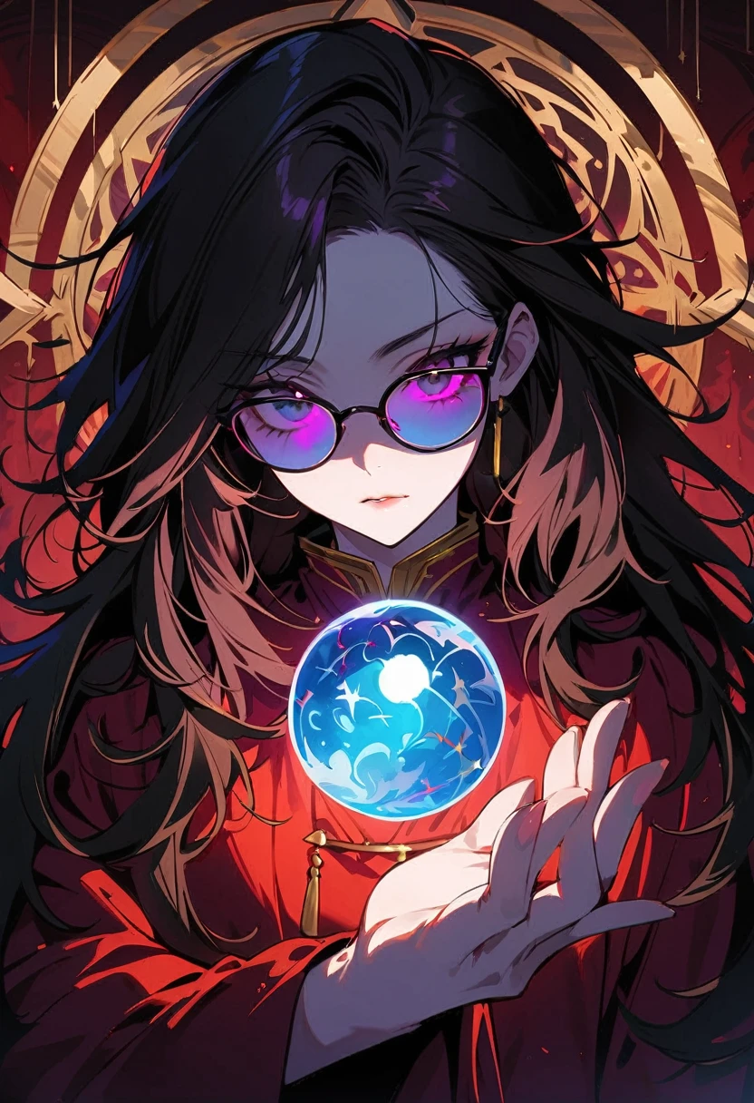 (best quality,4K,Very detailed,Practical:1.2),Astrologer,mysterious girl,gothic portrait,(plunder),Strong gaze,Pale skin,Long black hair fluttering in the wind,Dark and scary atmosphere,Tarot card pattern,Shiny glasses lenses, She held a glowing sphere in her hand,fortune teller'stable,Crystal Ball,Candles flickering in the dim light,Skull and five-pointed star decoration,Mysterious symbols,Girl covered in mist,Dramatic Lighting,Emerald eyes,Sharp eyes,The strange tattoo on her arm,Black lace dress,Gorgeous jewelry,Feathers and beads in hair,Cemetery setting,Moonlit Night,heavily clouded,Weird atmosphere,plunder feathers scattered on the ground,unforgettably beautiful.